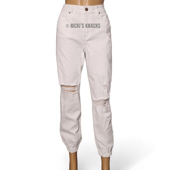 White High Rise Distressed Jogger Jeans Straight Leg Elastic Cuff Size 26 - Picture 3 of 10